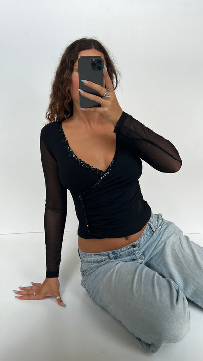 00s black mesh sequin top- size M