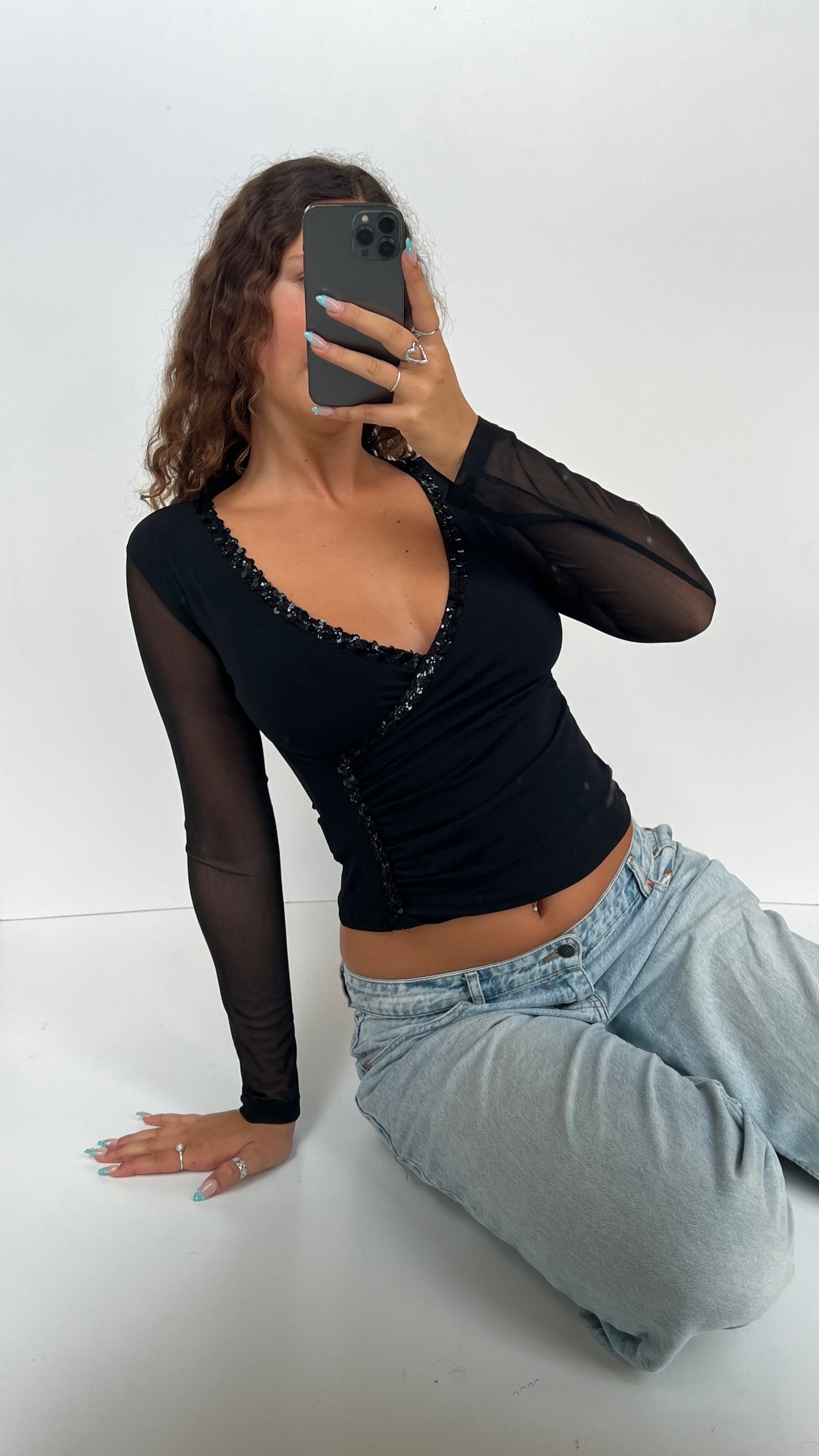 00s black mesh sequin top- size M