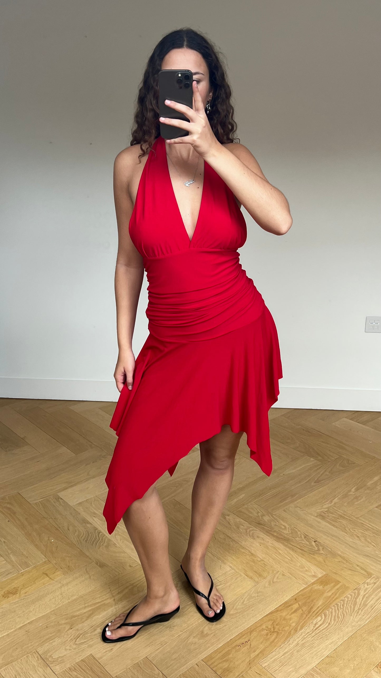 00s red asymmetric midi dress- size M/L