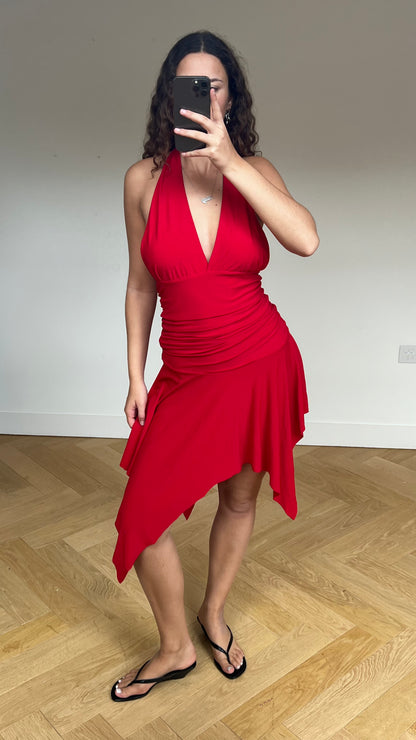 00s red asymmetric midi dress- size M/L