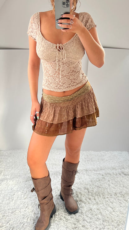 00s brown ruffle mini skirt- size M