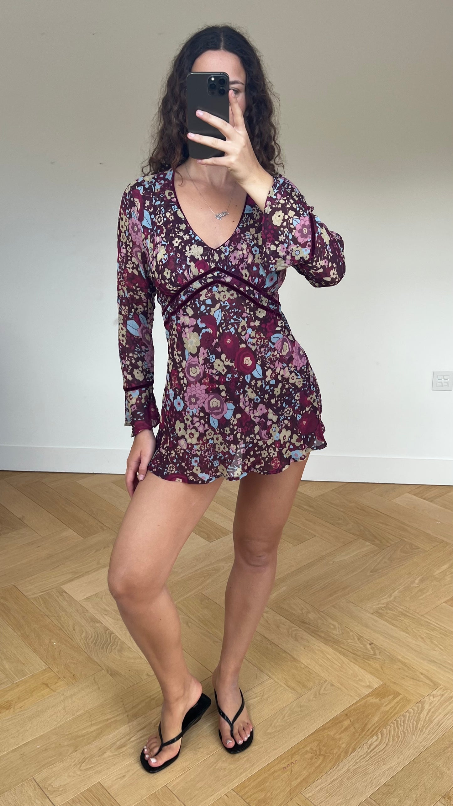 00s burgundy floral mini dress- size S