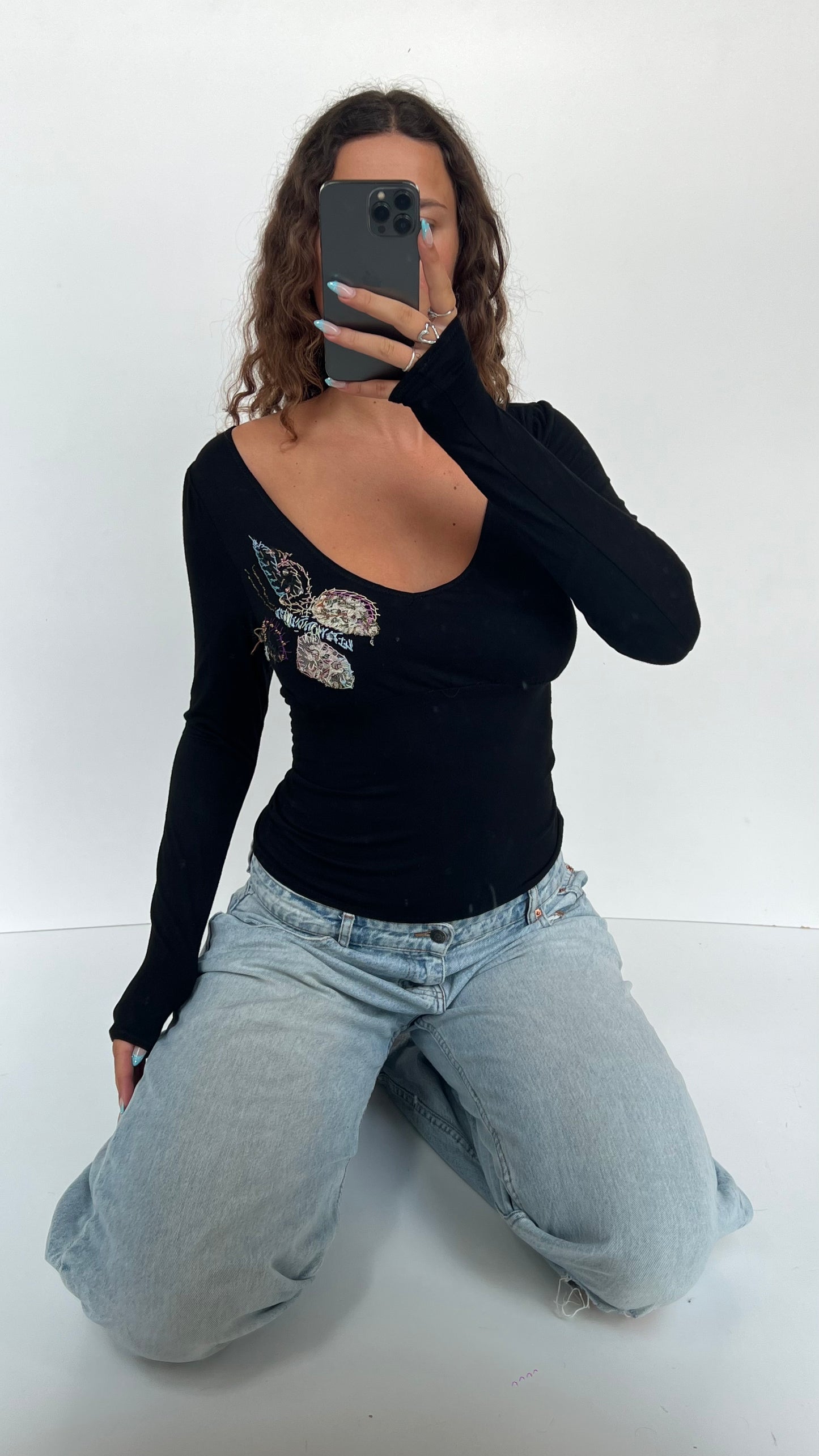 00s black embroidered top- size S