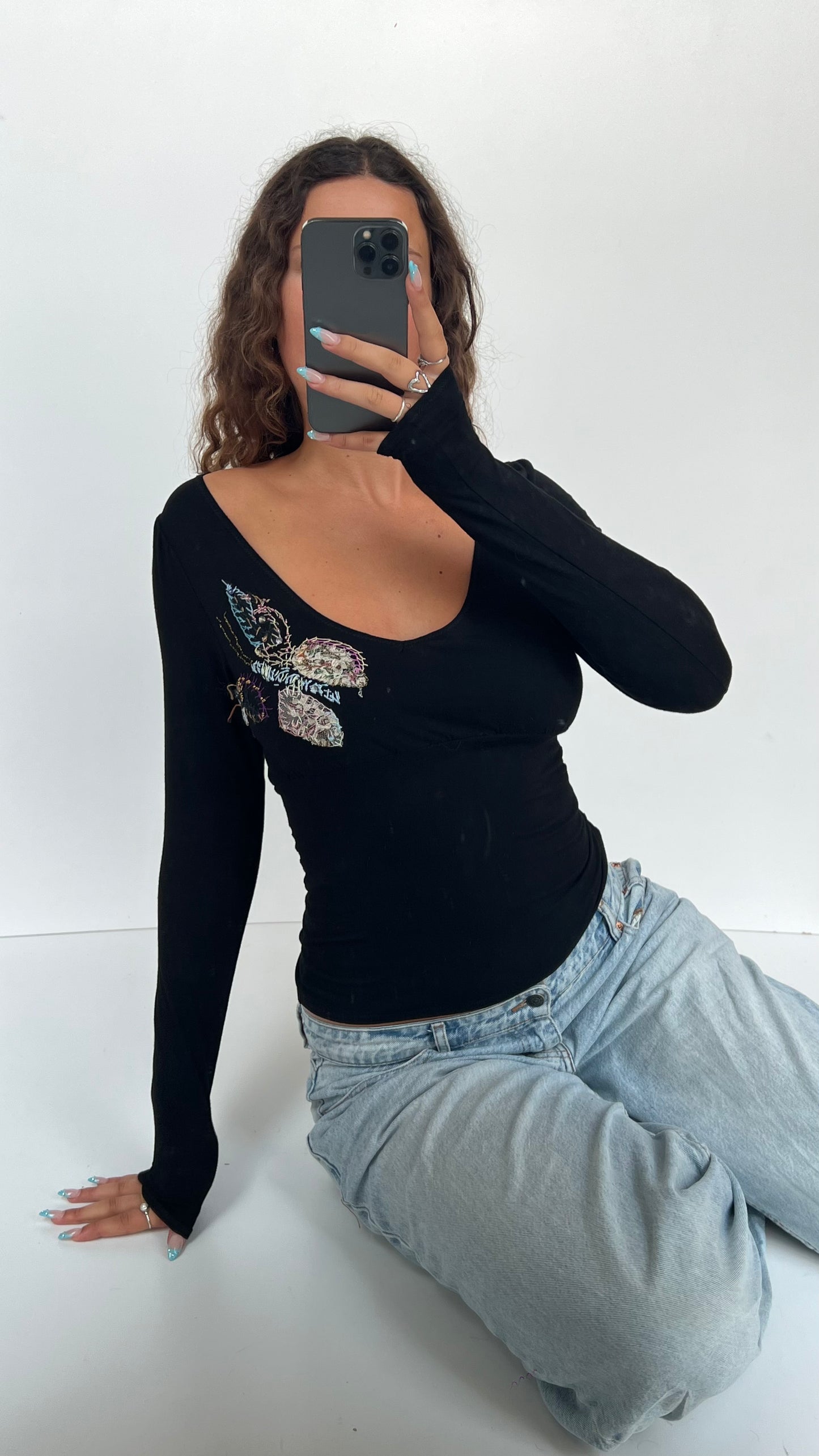 00s black embroidered top- size S