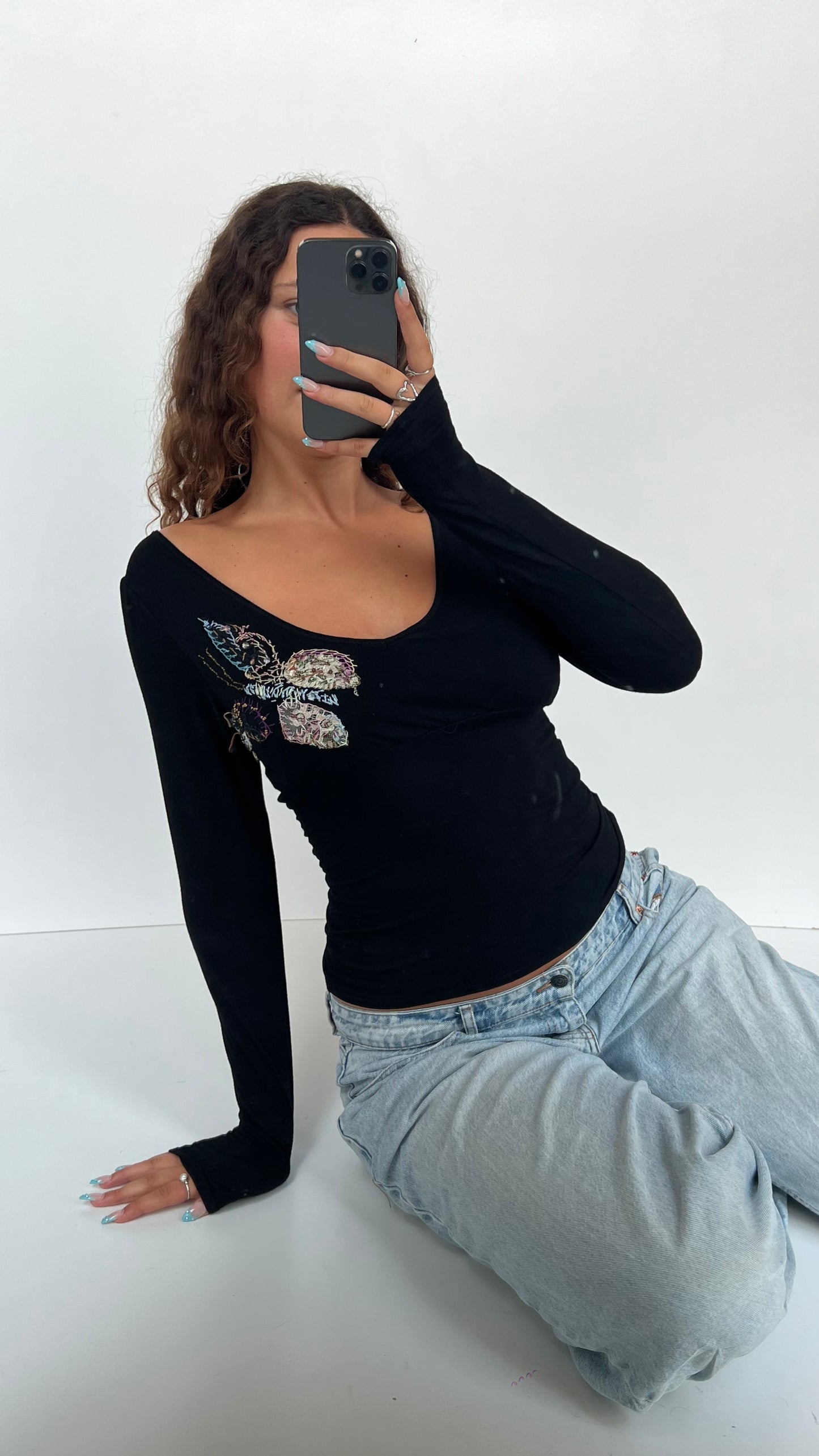 00s black embroidered top- size S