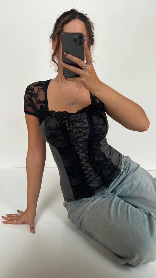 00s grey lace milkmaid top- size M