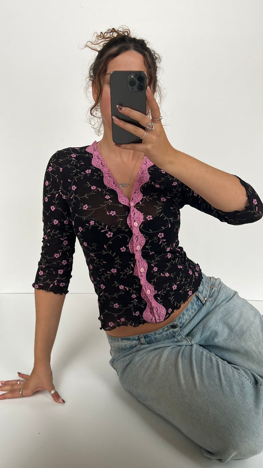 00s black floral long sleeve top- size S