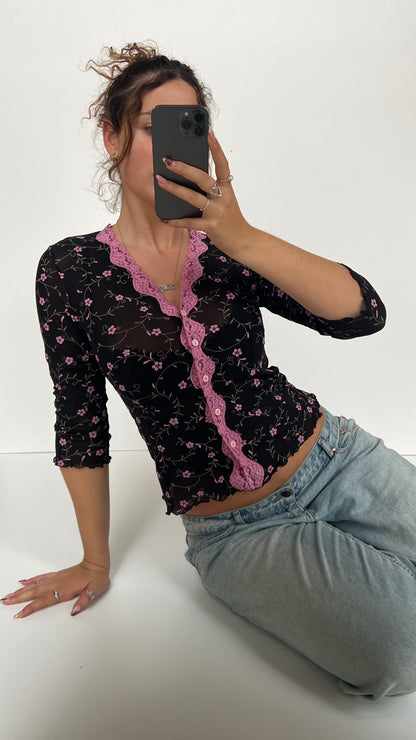 00s black floral long sleeve top- size S