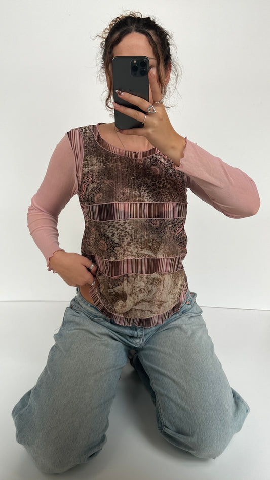 00s pink brown mesh long sleeve top- size XL