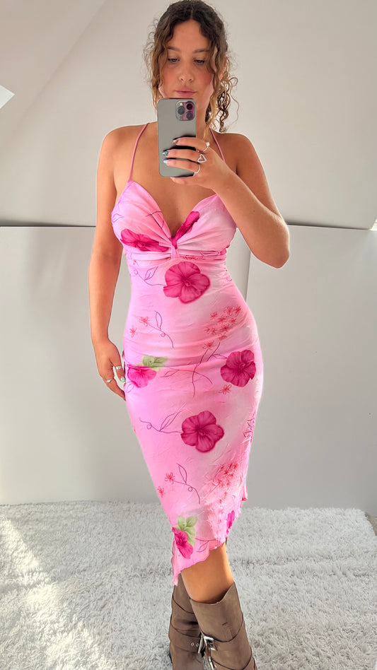 00s pink mesh floral midi dress- size S