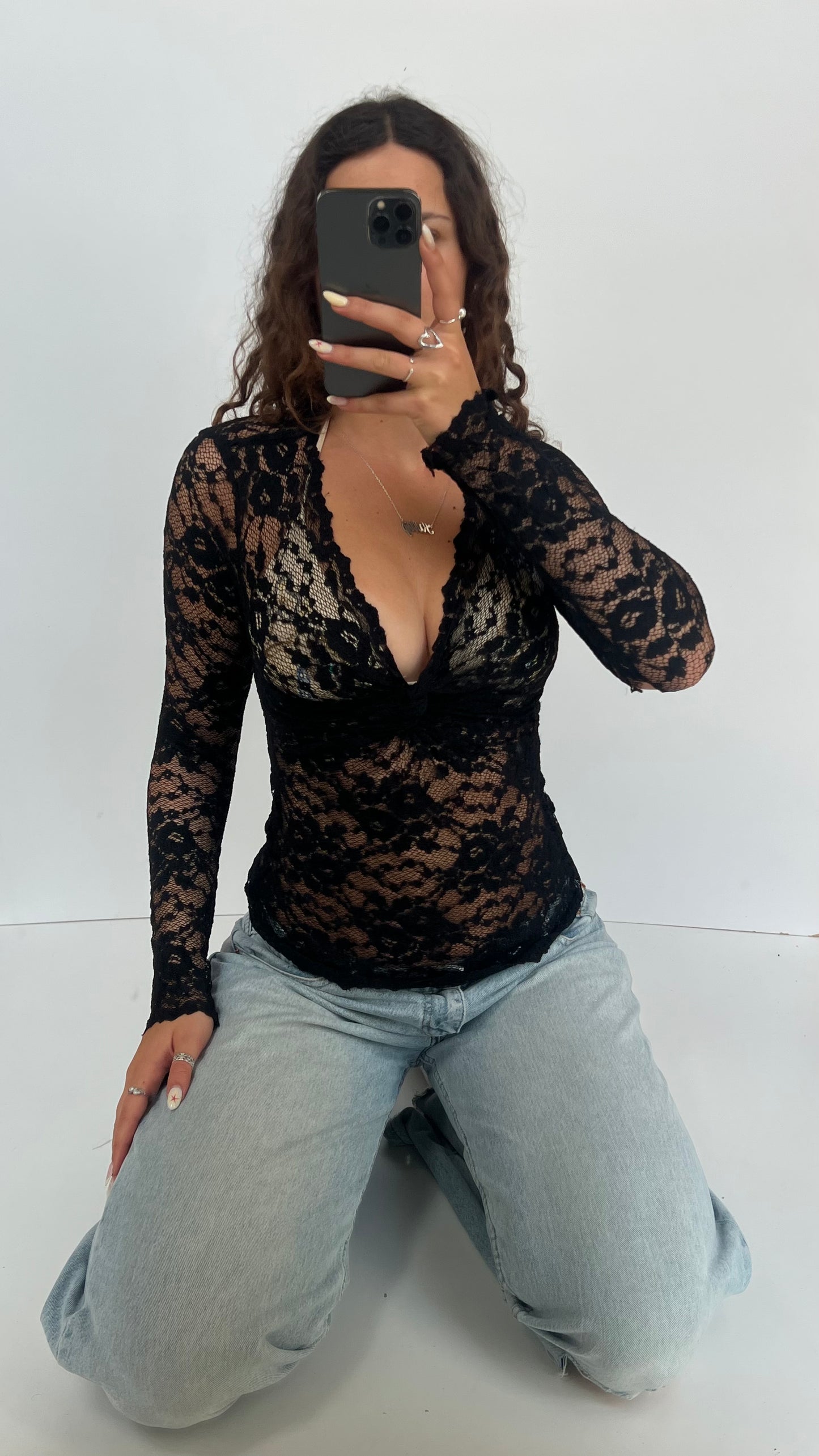 00s black lace long sleeve top- size S