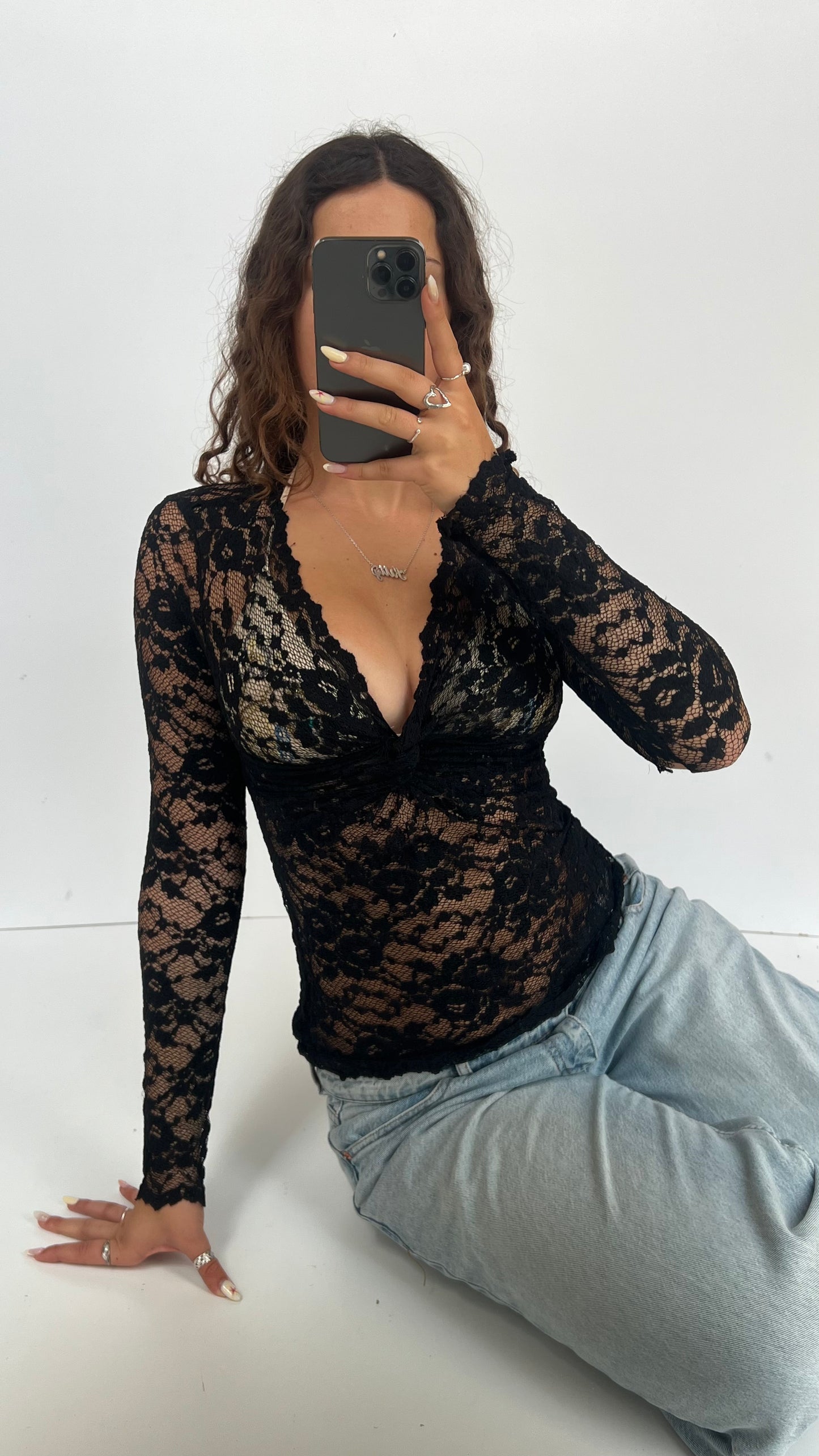 00s black lace long sleeve top- size S