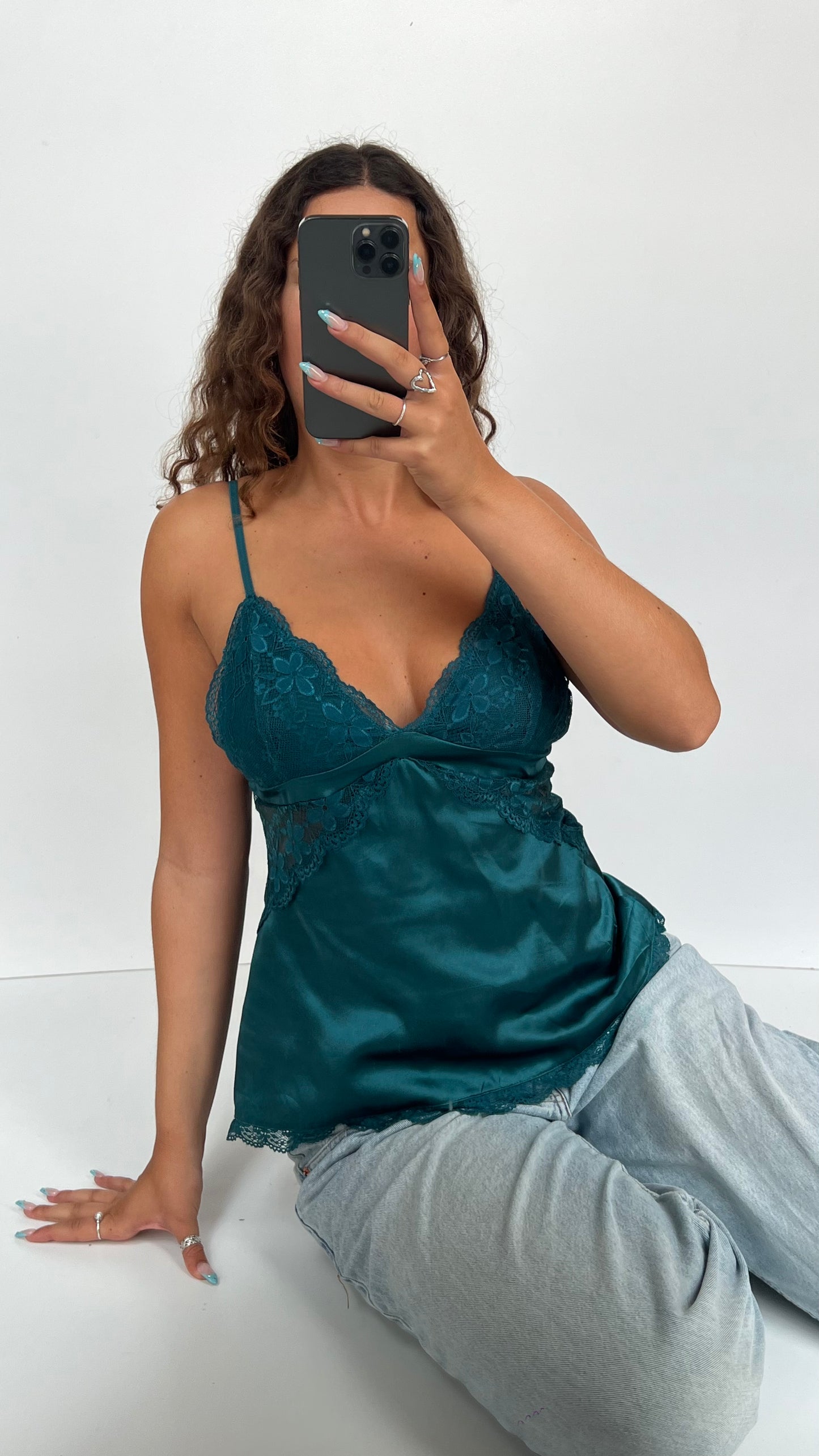 00s teal lace satin cami- size M