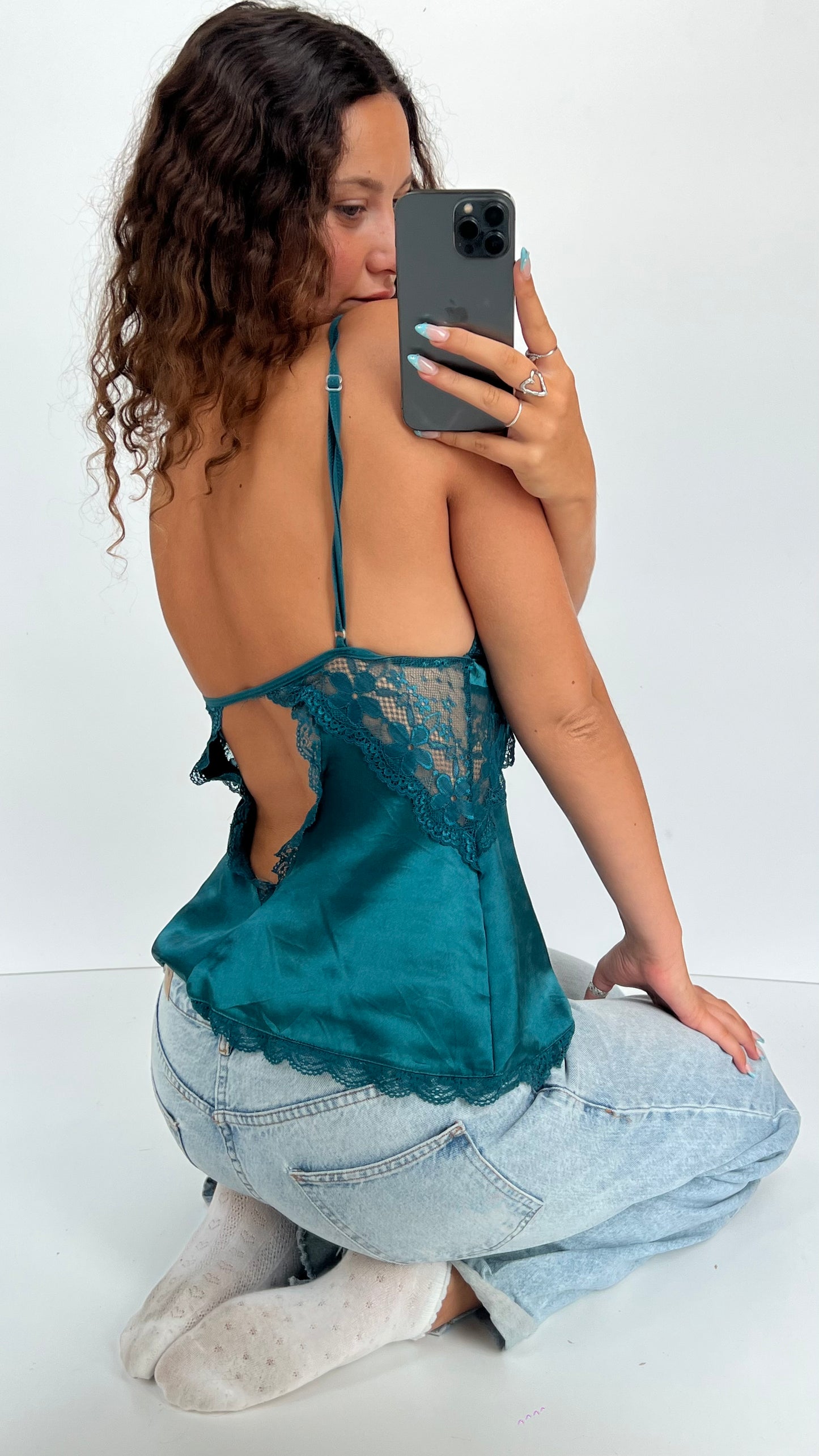 00s teal lace satin cami- size M