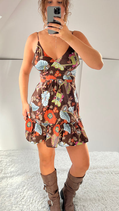 00s brown ruffle mini dress- size M