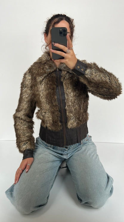 00s brown faux fur leather jacket- size M