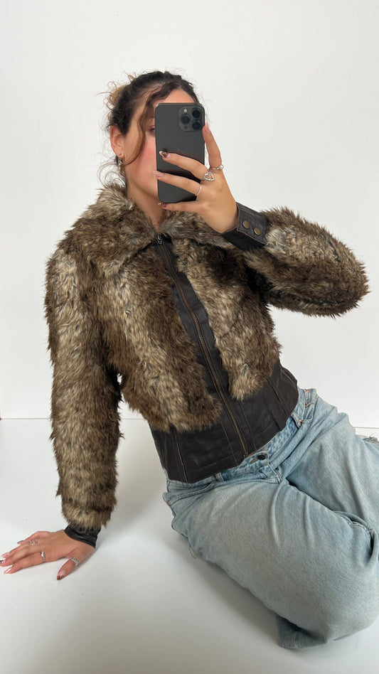 00s brown faux fur leather jacket- size M