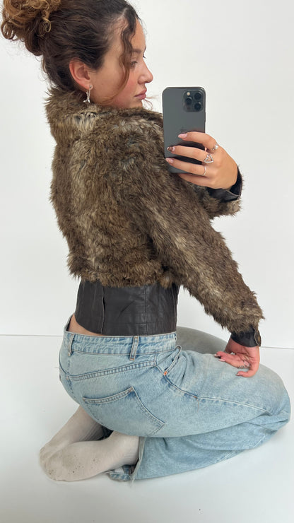 00s brown faux fur leather jacket- size M