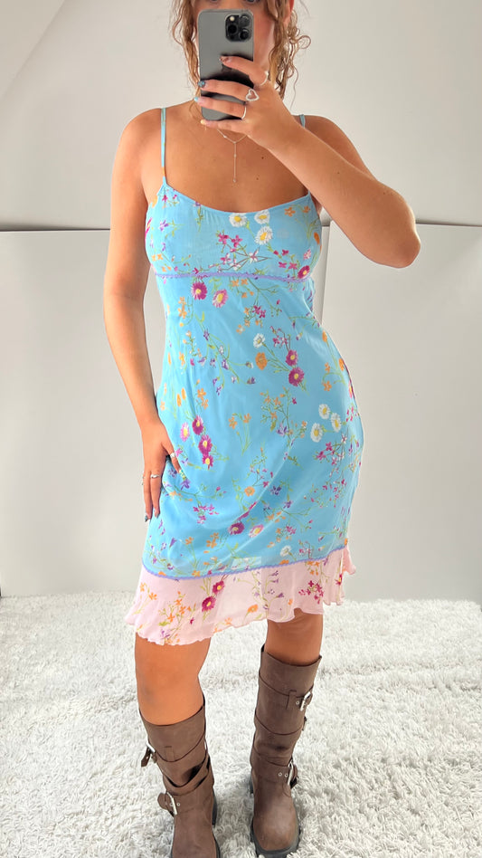 00s blue floral midi dress- size M