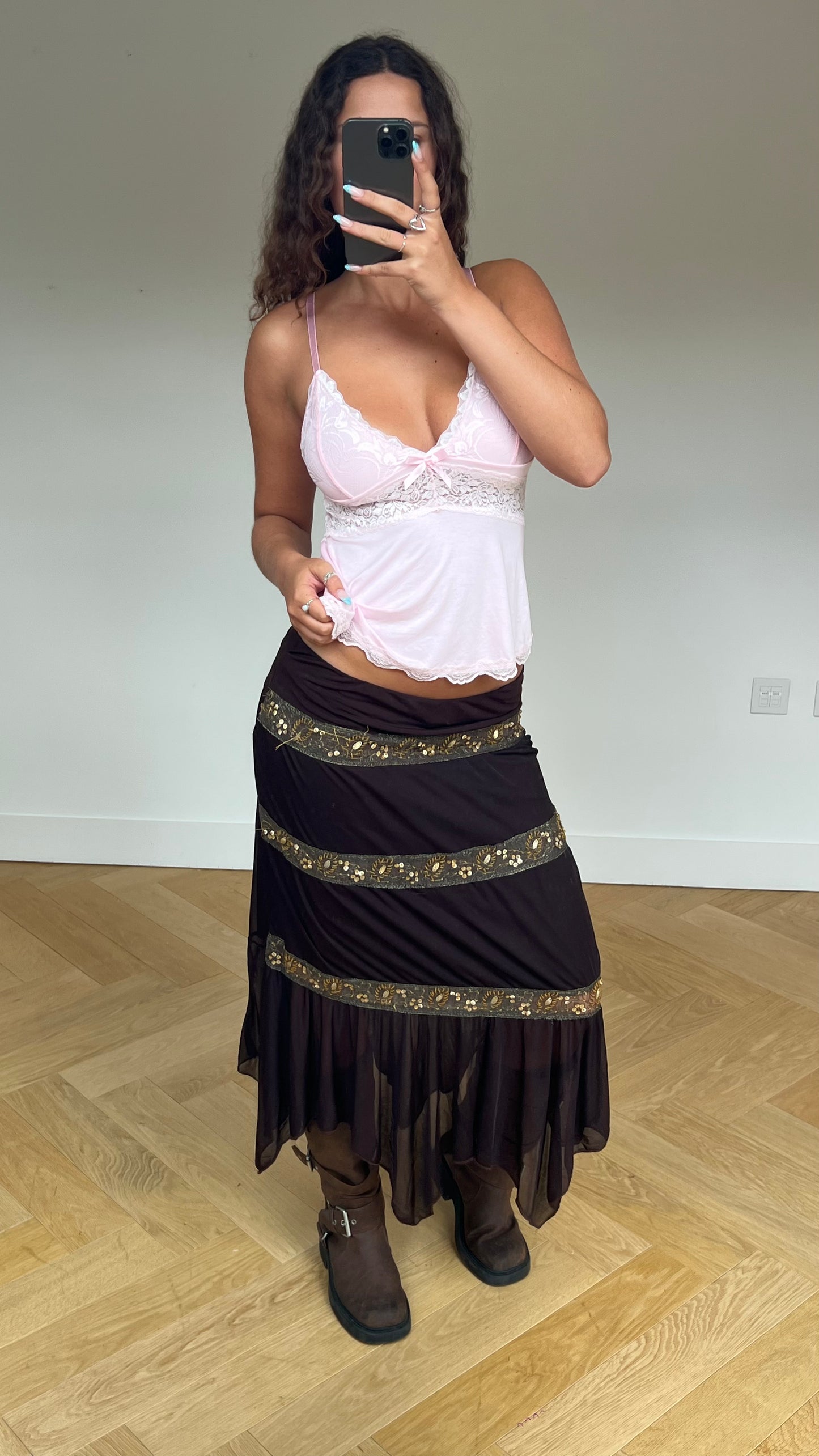 00s brown sequin maxi skirt- size M