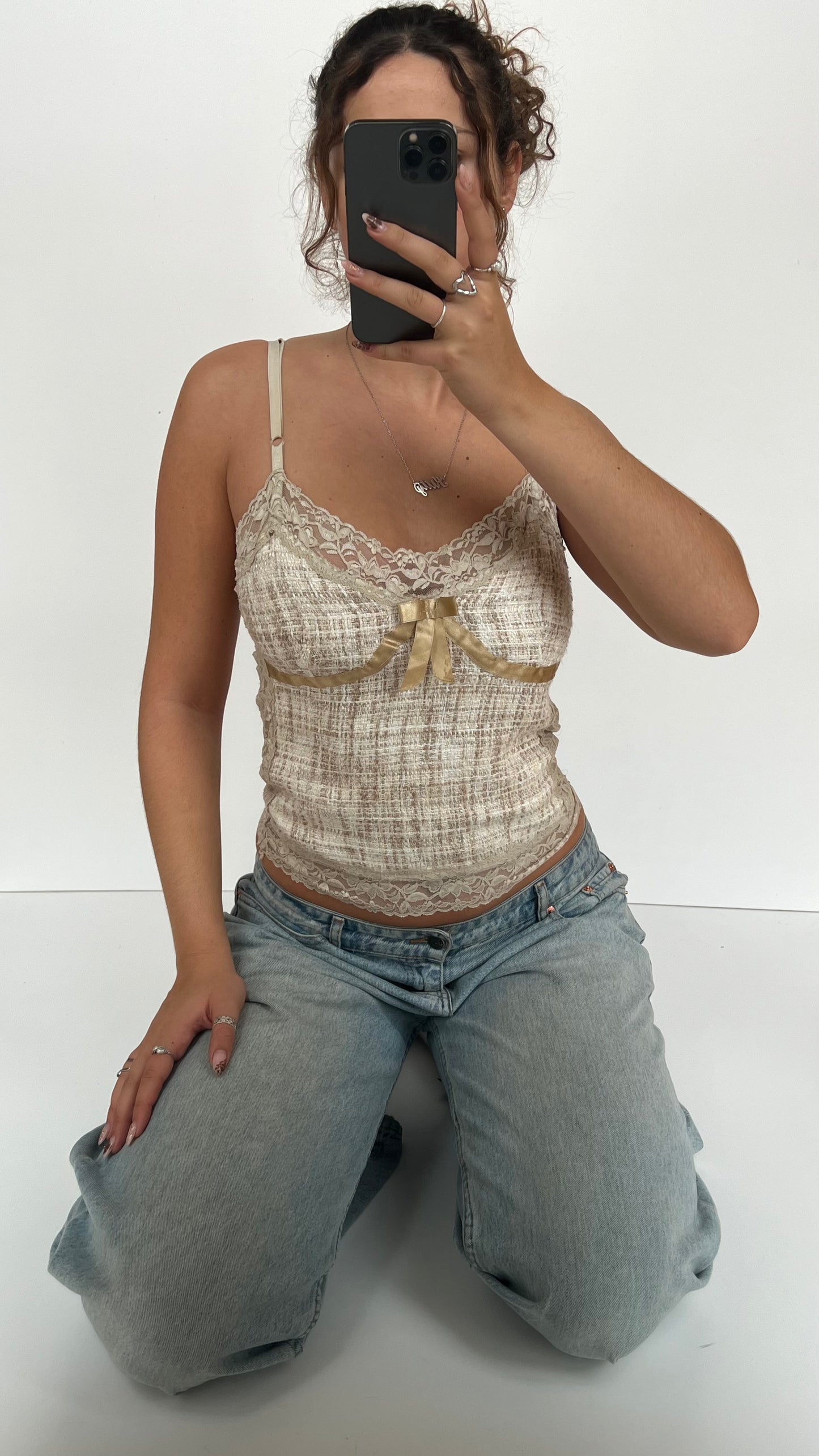 00s cream knit lace cami- size S