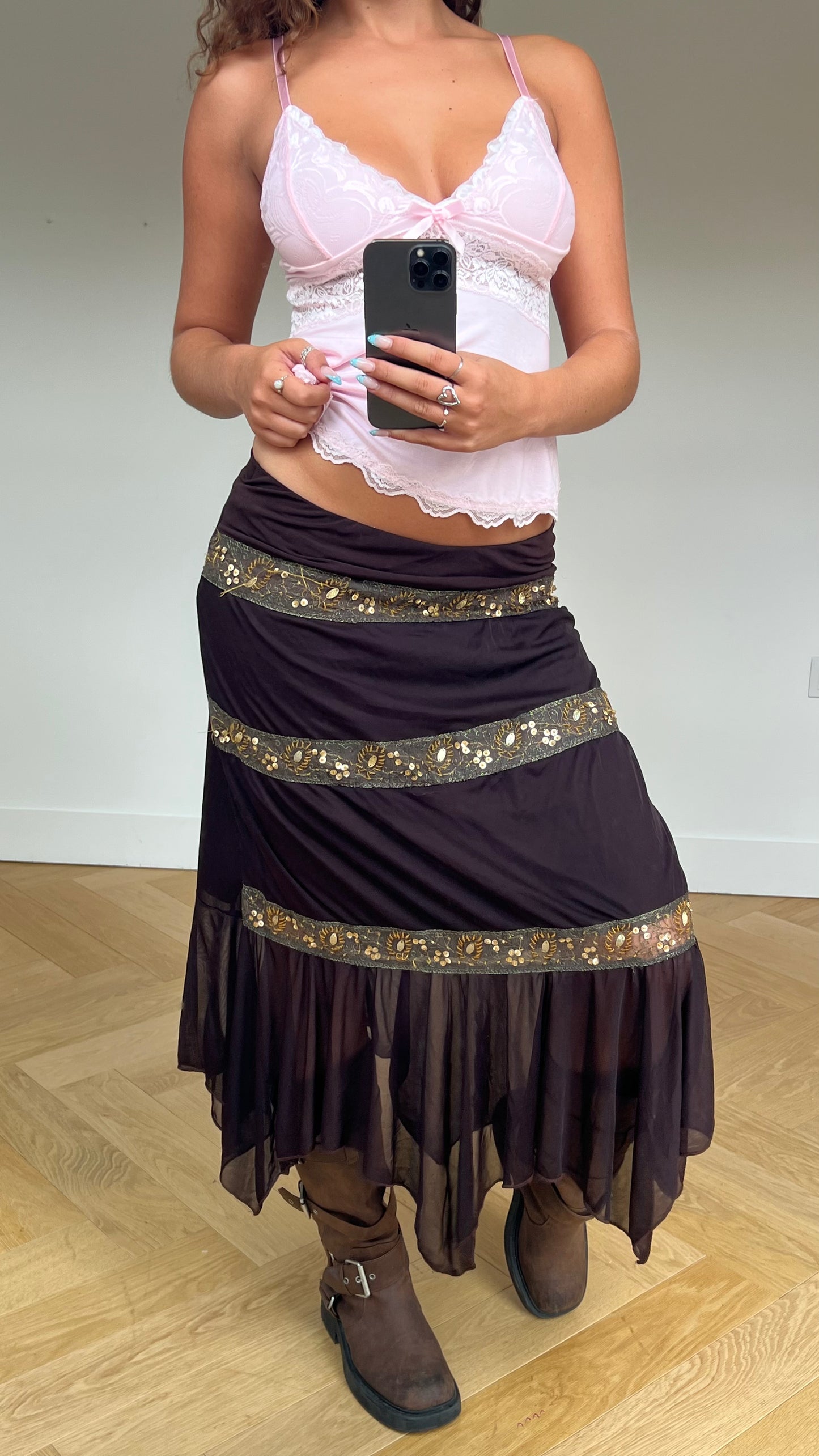 00s brown sequin maxi skirt- size M