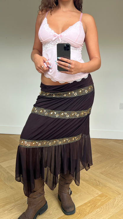 00s brown sequin maxi skirt- size M