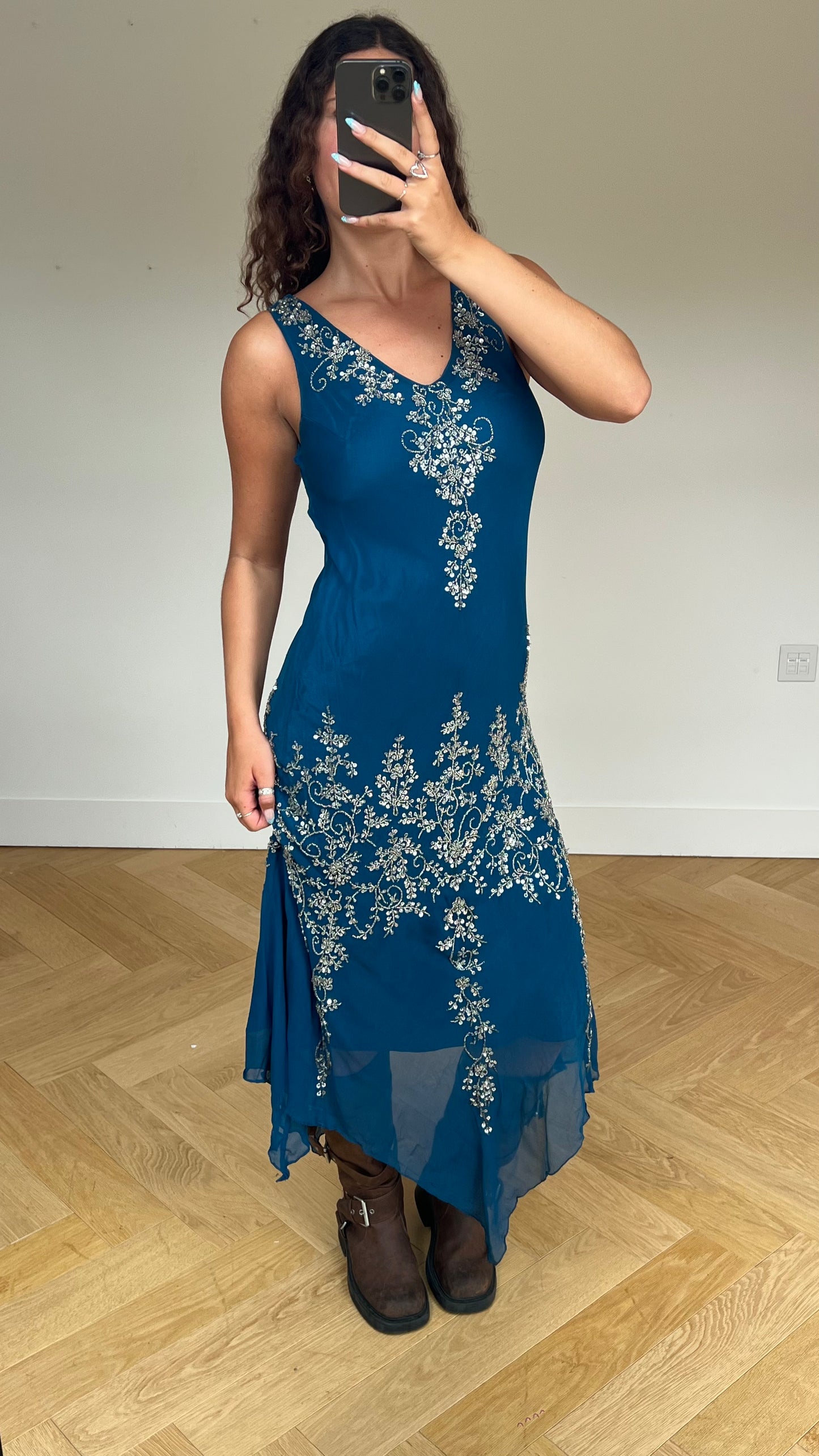 00s blue beaded sequin maxi dress- size L