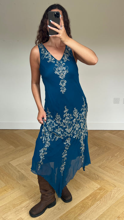 00s blue beaded sequin maxi dress- size L