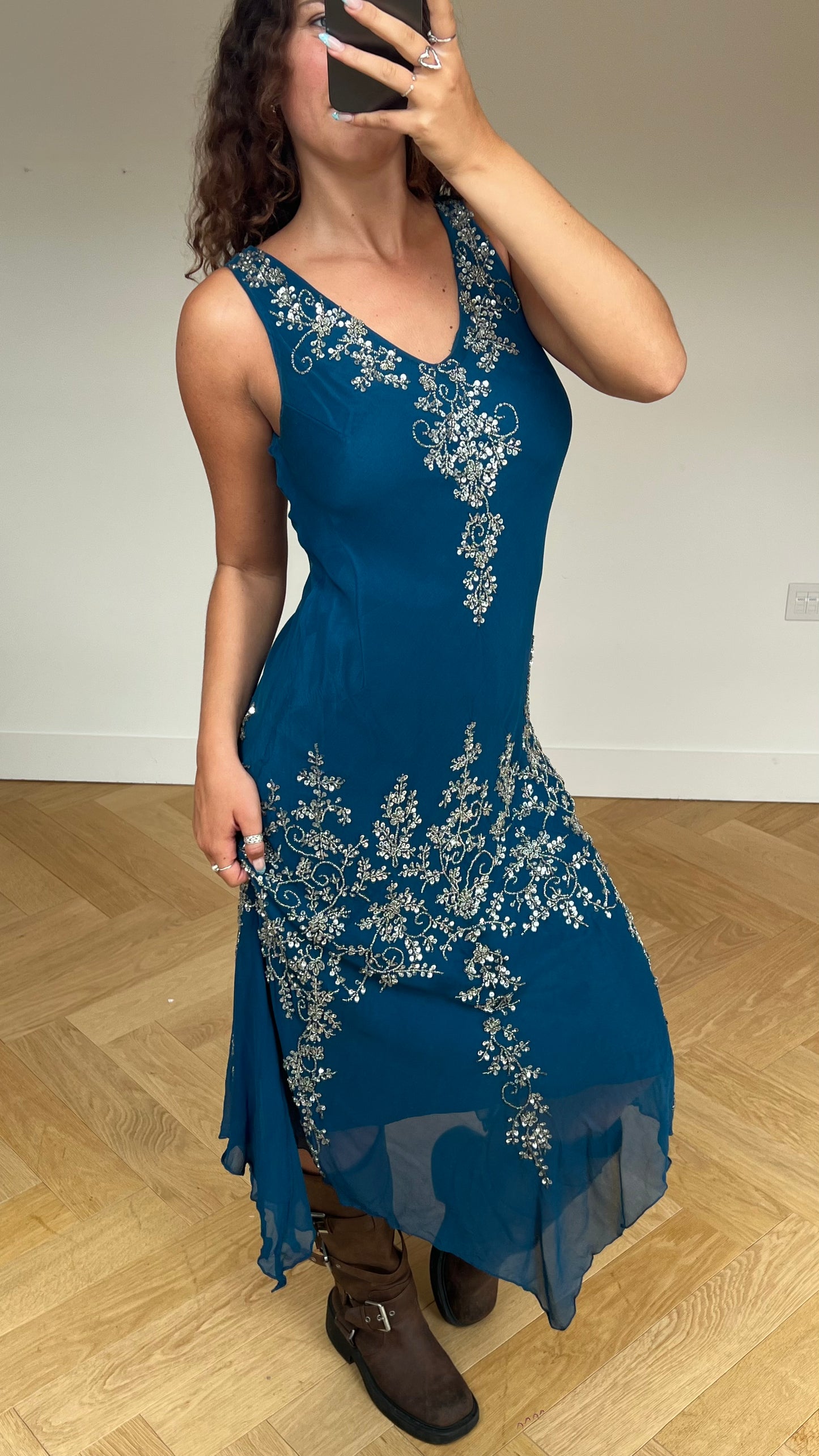 00s blue beaded sequin maxi dress- size L