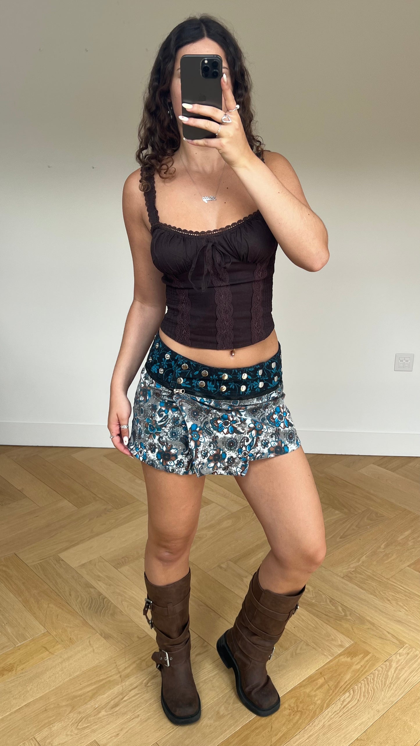 00s blue floral paisley mini skirt- one size