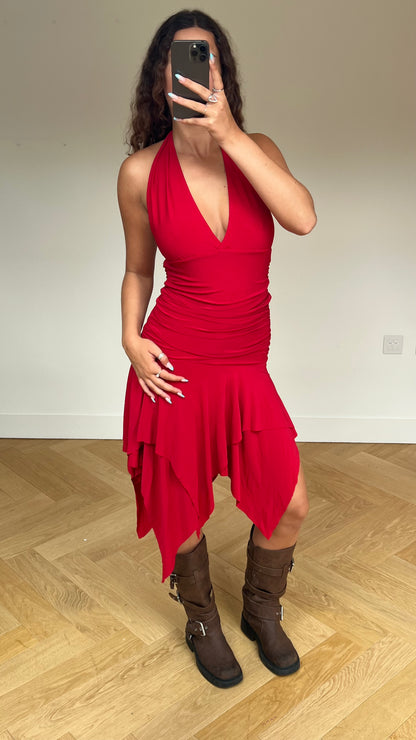 00s red asymmetric midi dress- size M