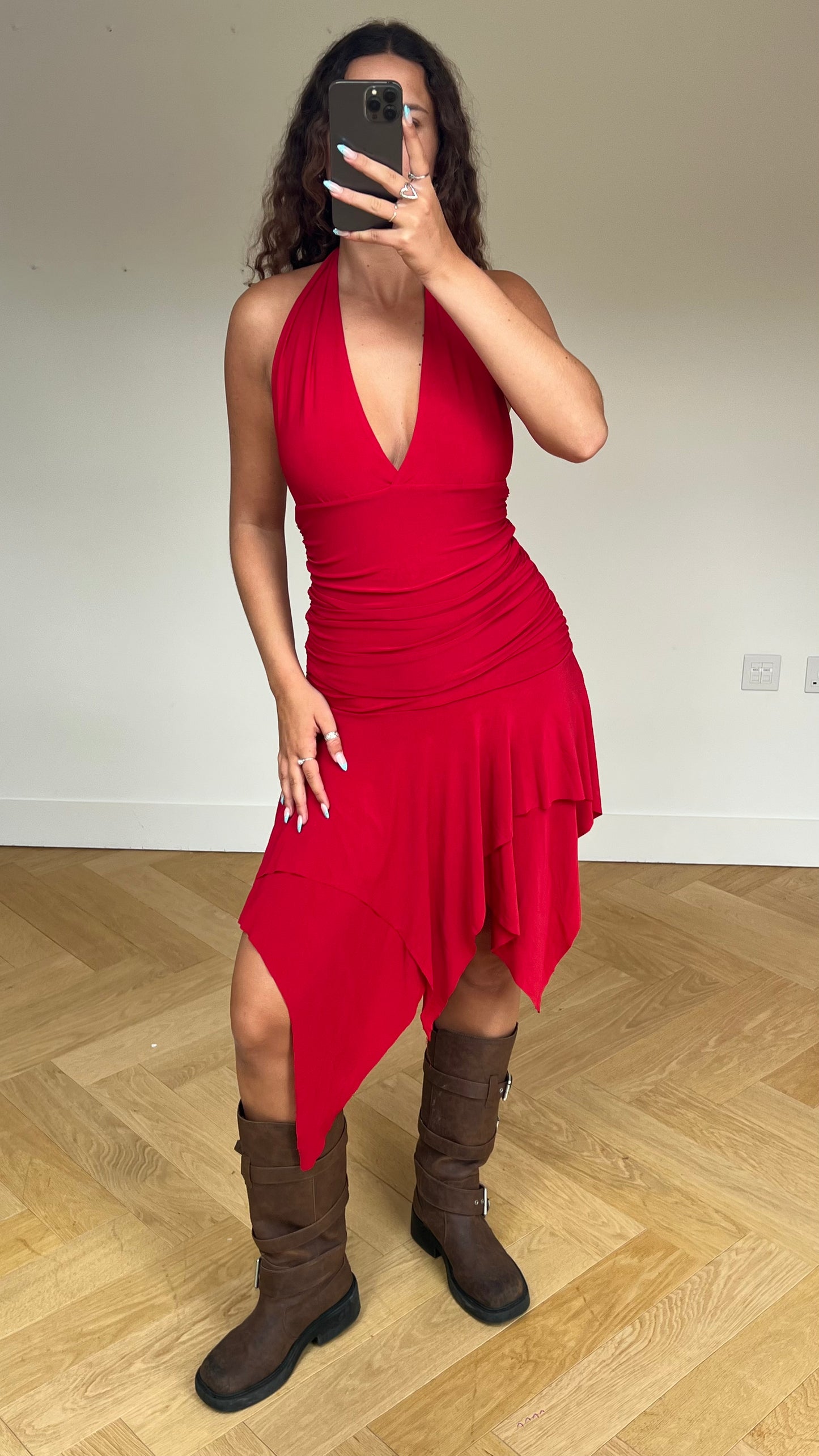 00s red asymmetric midi dress- size M