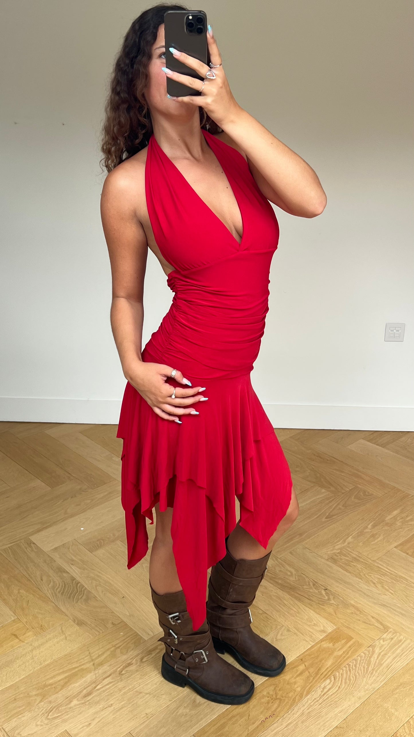 00s red asymmetric midi dress- size M