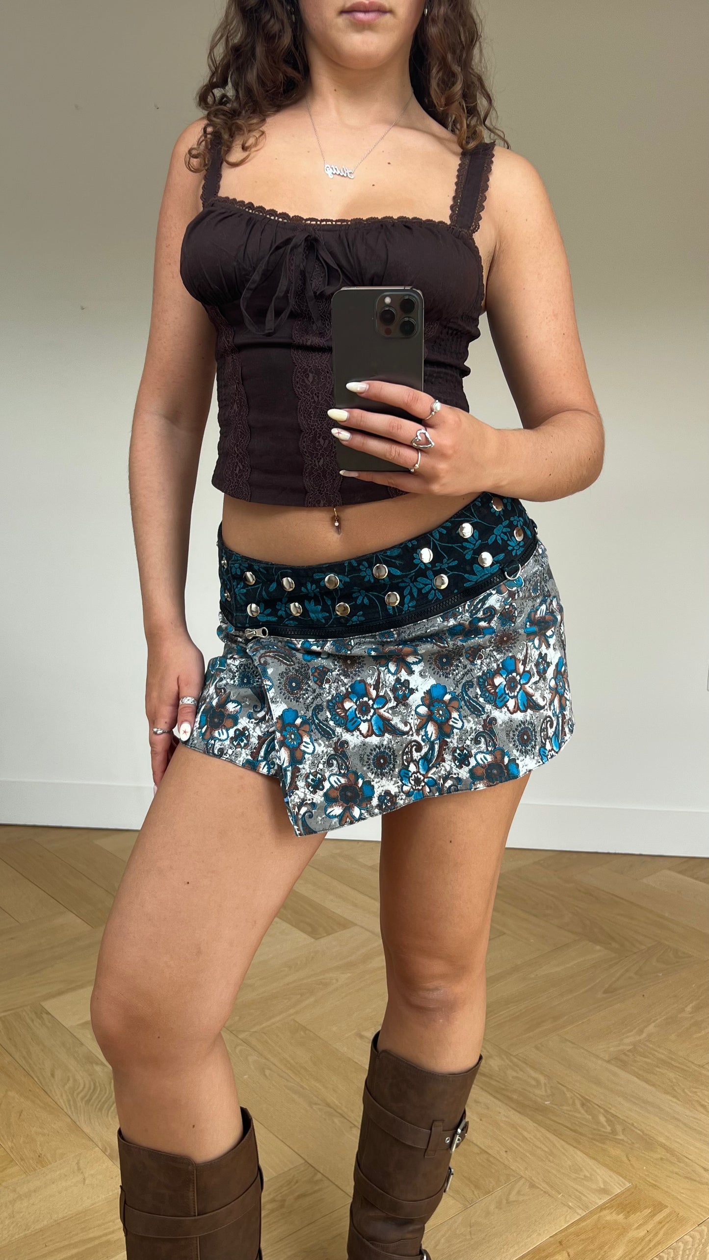 00s blue floral paisley mini skirt- one size