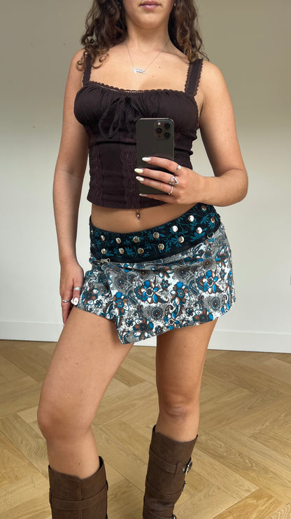 00s blue floral paisley mini skirt- one size