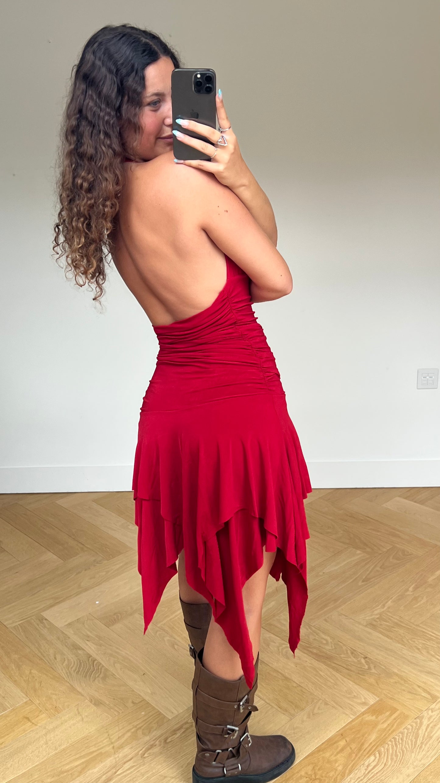 00s red asymmetric midi dress- size M