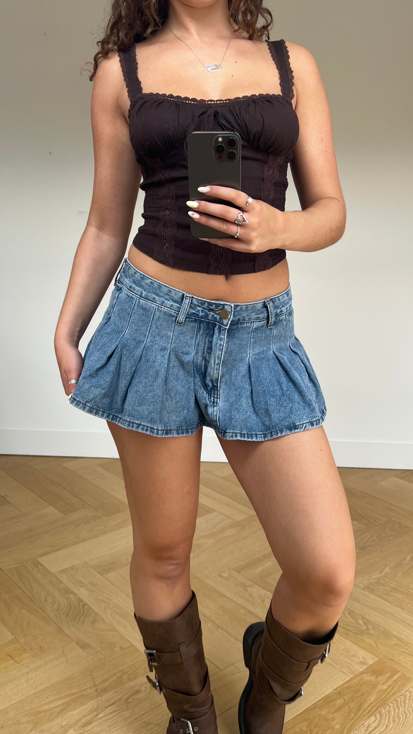 00s denim pleated mini skirt- size M