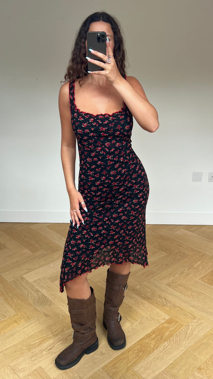 00s red floral midi dress- size M