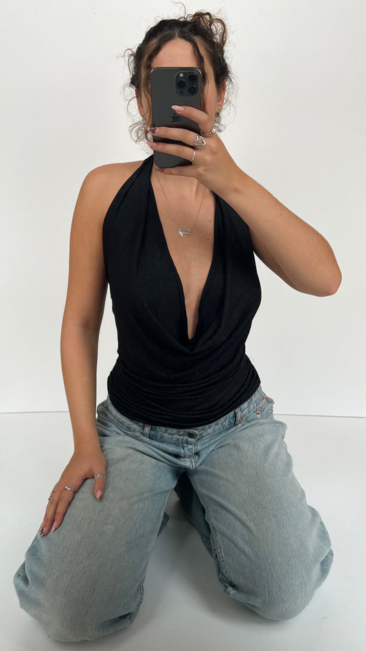 00s black cowl neck top / mini dress- size S