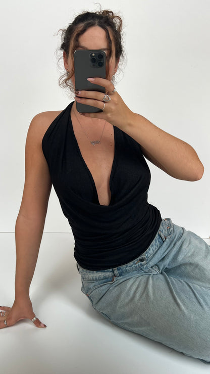00s black cowl neck top / mini dress- size S