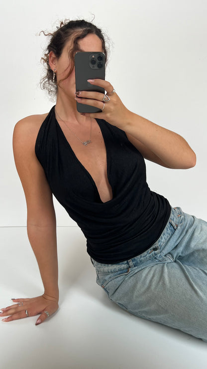 00s black cowl neck top / mini dress- size S