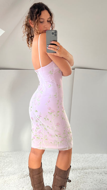00s purple mesh floral midi dress- size S