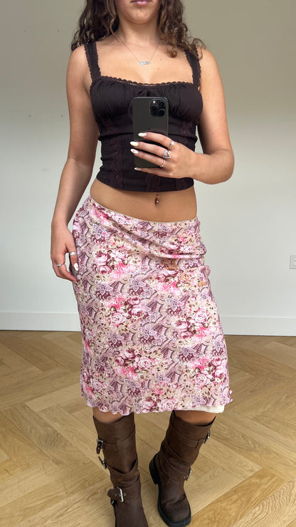 00s pink floral midi skirt- size S