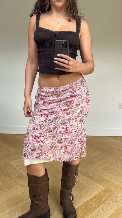 00s pink floral midi skirt- size S