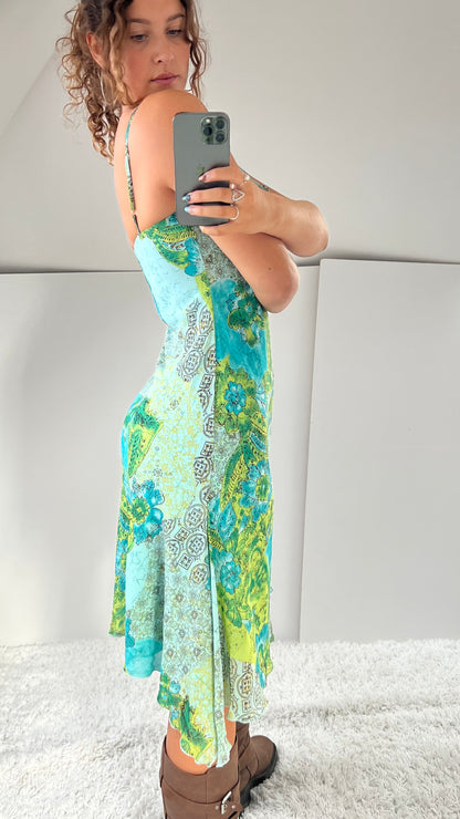 00s green blue patchwork midi dress- size L