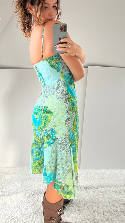 00s green blue patchwork midi dress- size L