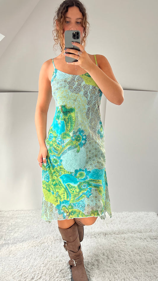 00s green blue patchwork midi dress- size L