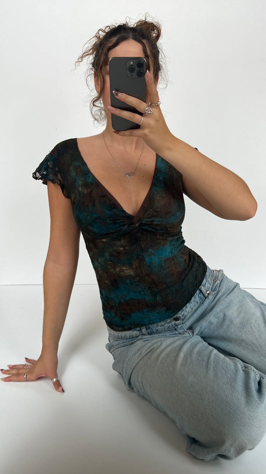 00s brown blue lace top- size XS/S