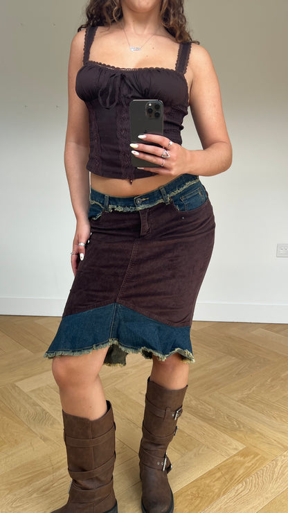 00s brown corduroy denim skirt- size S